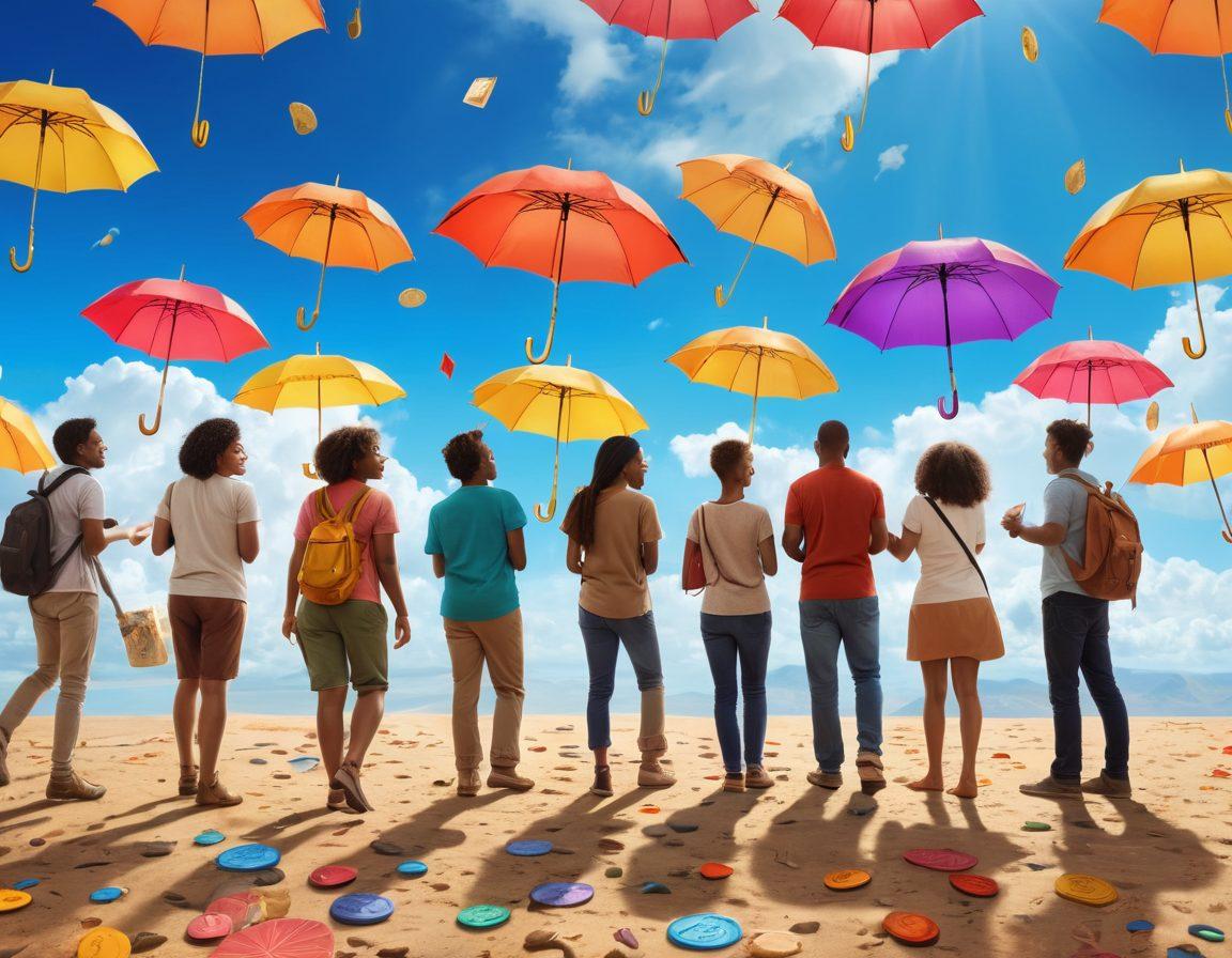 A diverse group of people exploring a treasure map that reveals affordable insurance options, surrounded by symbols of financial security like umbrellas, shields, and coins. The atmosphere conveys a sense of discovery and relief, with a bright, hopeful sky in the background. The characters exhibit various emotions from curiosity to joy as they navigate their way to comprehensive coverage. super-realistic. vibrant colors.
