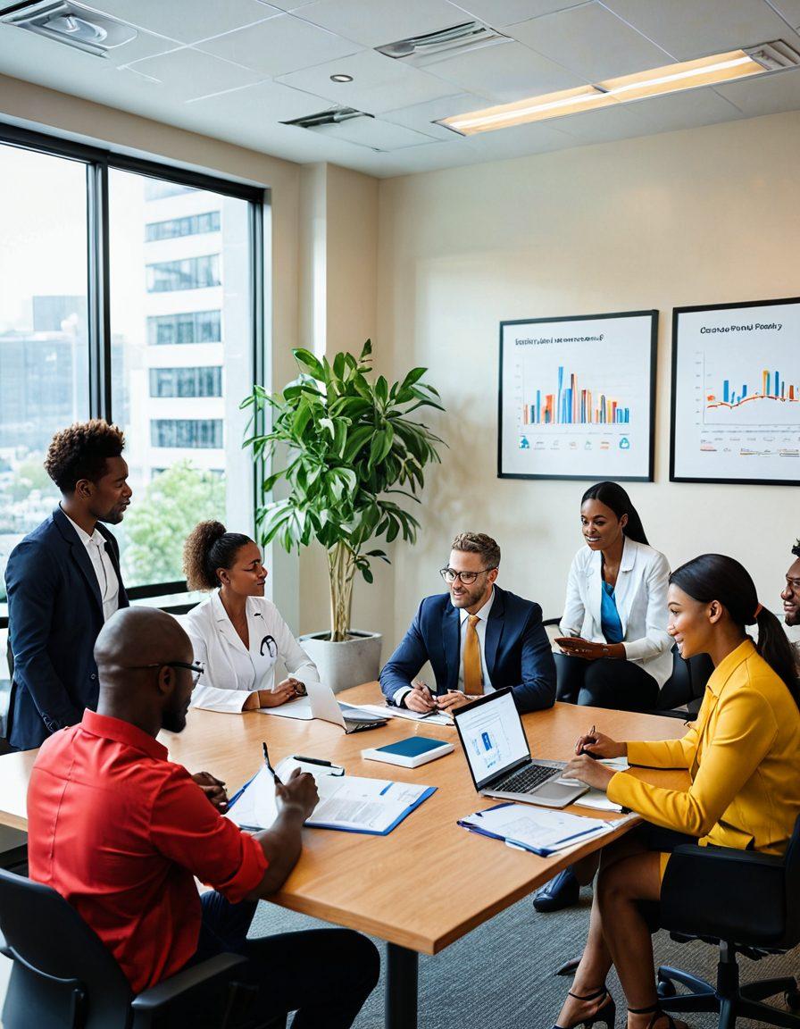 A diverse group of individuals sitting around a table, discussing a range of insurance policies, with documents and digital devices in front of them. Include visual elements representing different types of insurance: health, auto, home, and life, as floating icons above the table. The setting should convey a professional, yet approachable atmosphere with warm lighting. super-realistic. vibrant colors. cozy office background.