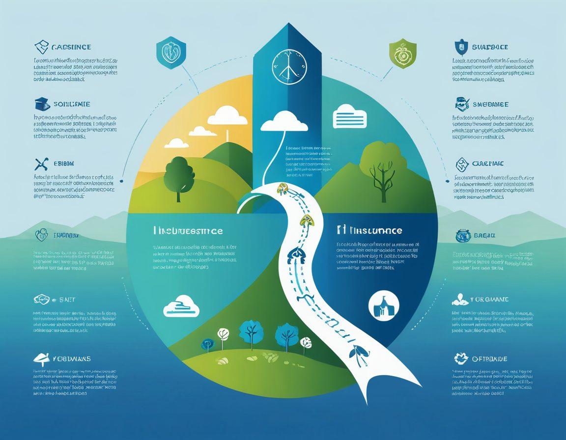 A visually engaging infographic showcasing the journey of understanding insurance. It features a winding path with various key milestones representing financial protection concepts, alongside icons symbolizing peace of mind like a shield and a calm landscape. The color palette should be soothing yet vibrant, with a blend of blues and greens to evoke trust and tranquility. Include a backdrop of a gentle sunrise to symbolize new understanding. vector art. vibrant colors. calm background.